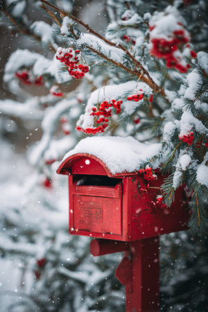 Red mailbox covered in snow next to bright red berries during a snowy winter sceneの素材