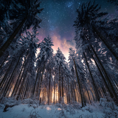 Snowy forest at night beneath a starry sky with glowing lights in the distanceの素材