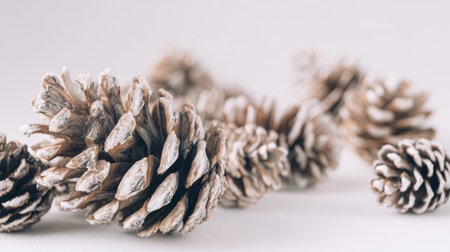 Natural pine cones scattered on a plain background creating a serene and rustic sceneの素材