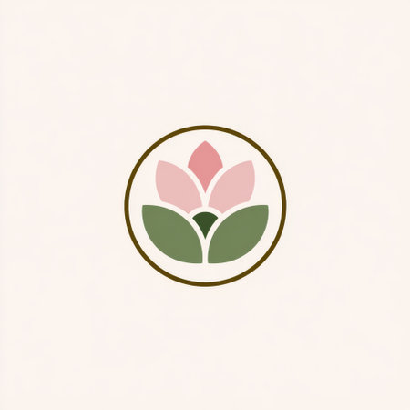 Flower logo design with pink petals and green leaves, showcasing simplicity and eleganceの素材