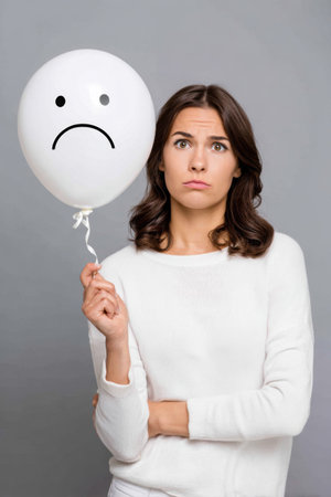 Woman holding a sad balloon with a frown face in a neutral gray background, expressing emotion and contemplationの素材