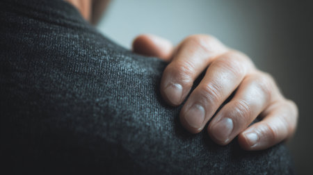 Hand resting gently on a shoulder, expressing comfort and support in a serene settingの素材