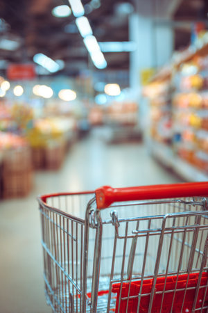 Grocery shopping experience with a shopping cart in a bright supermarket aisle filled with productsの素材