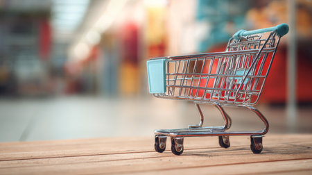 Small shopping cart on wooden floor in brightly lit store aisle filled with productsの素材