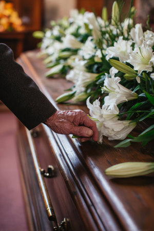 Hand gently touches white lilies on a wooden casket during a memorial service in a peaceful settingの素材