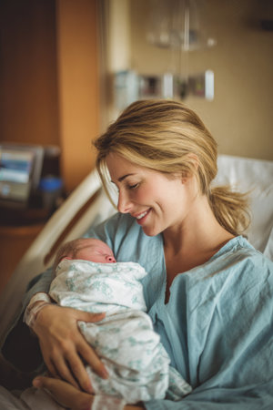 Joyful mother holding her newborn baby in a hospital room during the dayの素材