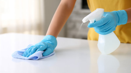 Cleaning surfaces with blue gloves and spray bottle in a bright indoor space during the dayの素材