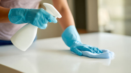 Cleaning a kitchen countertop with a spray bottle and cloth in a bright, modern home environment during the dayの素材