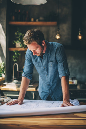 Engineer reviewing blueprints in a modern workspace with warm lighting during the afternoonの素材