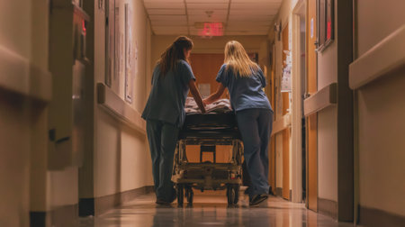 Nurses transport a patient through a hospital corridor during a late evening shiftの素材