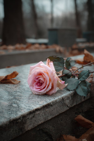 Pink rose placed on a gray stone surface among fallen leaves in a serene outdoor setting during autumnの素材
