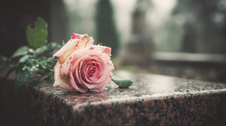 Delicate pink rose resting on a wet gravestone in a serene, misty cemetery during a gloomy morningの素材