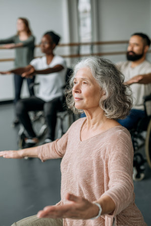 Seniors and diverse participants engage in a seated dance class in a spacious studio during a sunny afternoonの素材