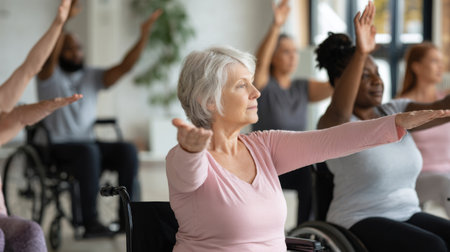Group of individuals participating in a seated exercise class in a bright community centerの素材