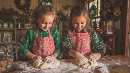 Two children kneading dough in a cozy kitchen decorated for the holiday season in late afternoon lightの素材