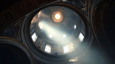 Rays of sunlight filter through the dome of a grand historical building in the early afternoonの素材