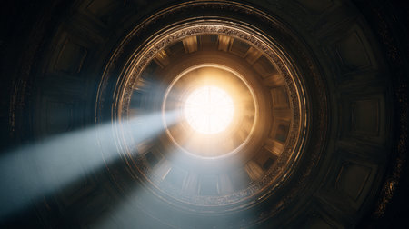Light beams shining through a dome in a historical building during daylightの素材