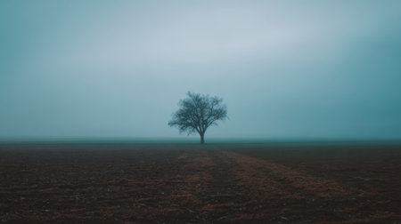 Lonely tree stands in a foggy field at dawn, creating a serene and mysterious atmosphere in natureの素材