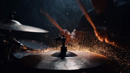 Drummer creates sparks of energy during a live performance in a smoky venue at nightの素材