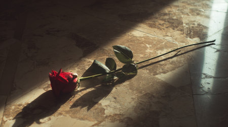 Single red rose resting on marble floor with soft light shadows at afternoon timeの素材