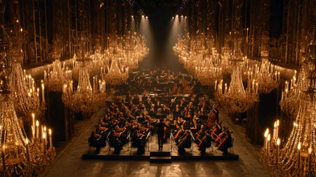 Orchestra performing in an elegantly lit concert hall with chandeliers, creating a captivating atmosphere for the audienceの素材