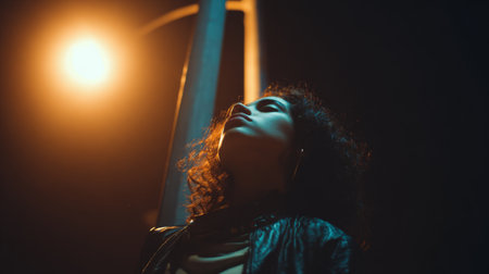 Woman standing under streetlamp at night with a contemplative expression in an urban settingの素材