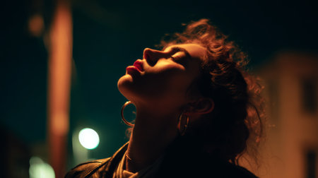 Woman enjoying the night air on a city street with soft lighting and a relaxed poseの素材