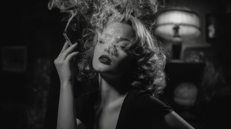 Elegant woman with vintage hairstyle smoking in a dimly lit roomの素材