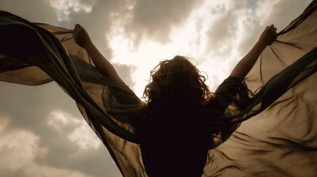 Woman with flowing fabric stands against cloudy sky celebrating freedom and joyの素材