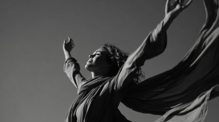 Woman with flowing scarf embraces freedom in sunny outdoor settingの素材