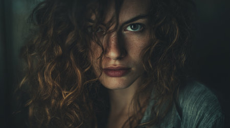 Captivating portrait of a woman with curly hair, reflecting strength and emotion in a dimly lit roomの素材