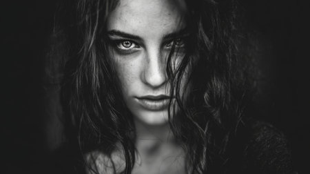 Intense black and white portrait of a woman with dark hair and piercing gaze, captured in a soft light settingの素材