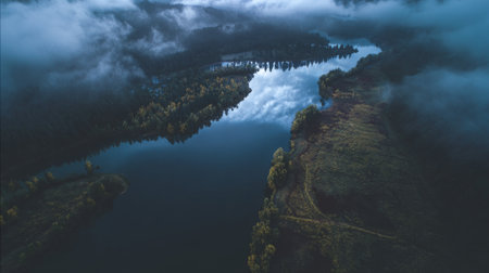 Scenic river landscape with misty trees reflecting on calm water during twilightの素材