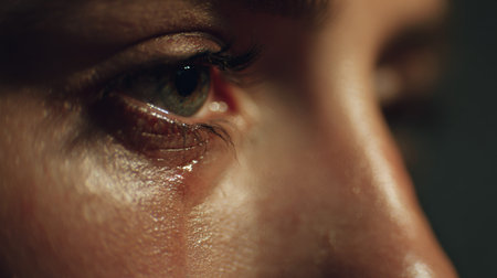 Close-up of a persons eye showcasing emotion with tears and details under soft light in an indoor settingの素材