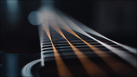 Close-up view of guitar strings showcasing intricate details and craftsmanship in a dimly lit roomの素材
