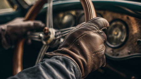 Driver grips vintage steering wheel in classic car while enjoying a scenic drive through countrysideの素材