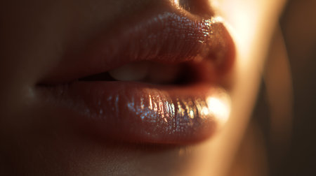 Close-up view of glossy lips shining softly in warm light during an evening settingの素材