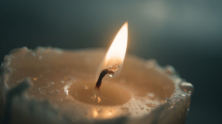 Warm light emanates from a gently burning candle surrounded by wax droplets on a calm eveningの素材
