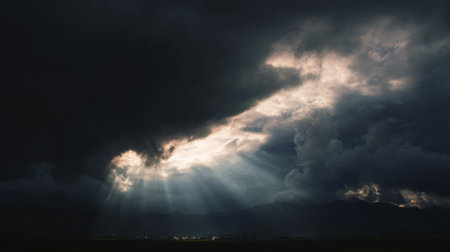 Dark storm clouds parting to reveal beams of sunlight over a mountainous landscape during early evening hoursの素材