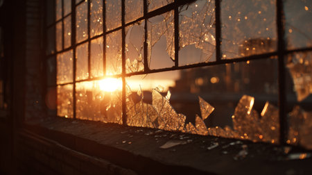 Broken glass window reflecting sunset light in an abandoned buildingの素材