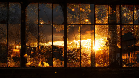 Sunset viewed through broken glass windows of an old building in a quiet location, creating a dramatic and nostalgic atmosphereの素材