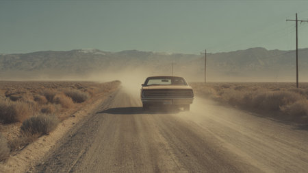 Classic car driving down a dusty road in a remote desert landscape during a sunny dayの素材