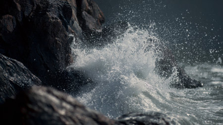 Waves crashing against rocky shoreline during sunset creates a dramatic seascape filled with energy and motionの素材