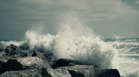 Waves crashing against rocky shore under a moody sky at middayの素材