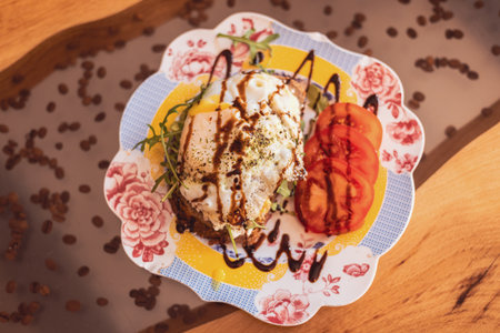 Savory poached egg dish served on a floral plate with fresh tomatoes in a cozy cafe during brunch hoursの写真素材