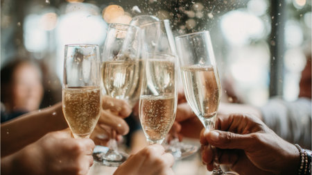 Celebration with champagne glasses raised in a toast among friends in a lively settingの素材