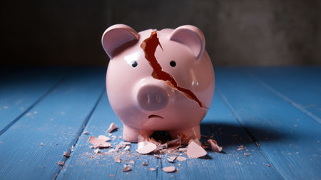 Broken piggy bank sits on blue wooden surface with scattered coins around, symbolizing unexpected financial troublesの素材