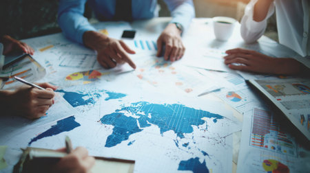 Team collaborates on global strategy using world map during business meeting in a bright office settingの素材