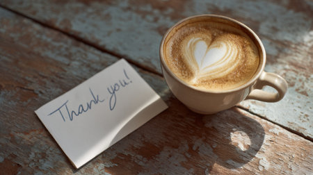 Warm cup of coffee with heart latte art and thank you note on rustic tableの素材