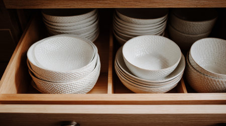 Beautifully arranged textured ceramic dishes in a wooden kitchen drawer during the dayの素材